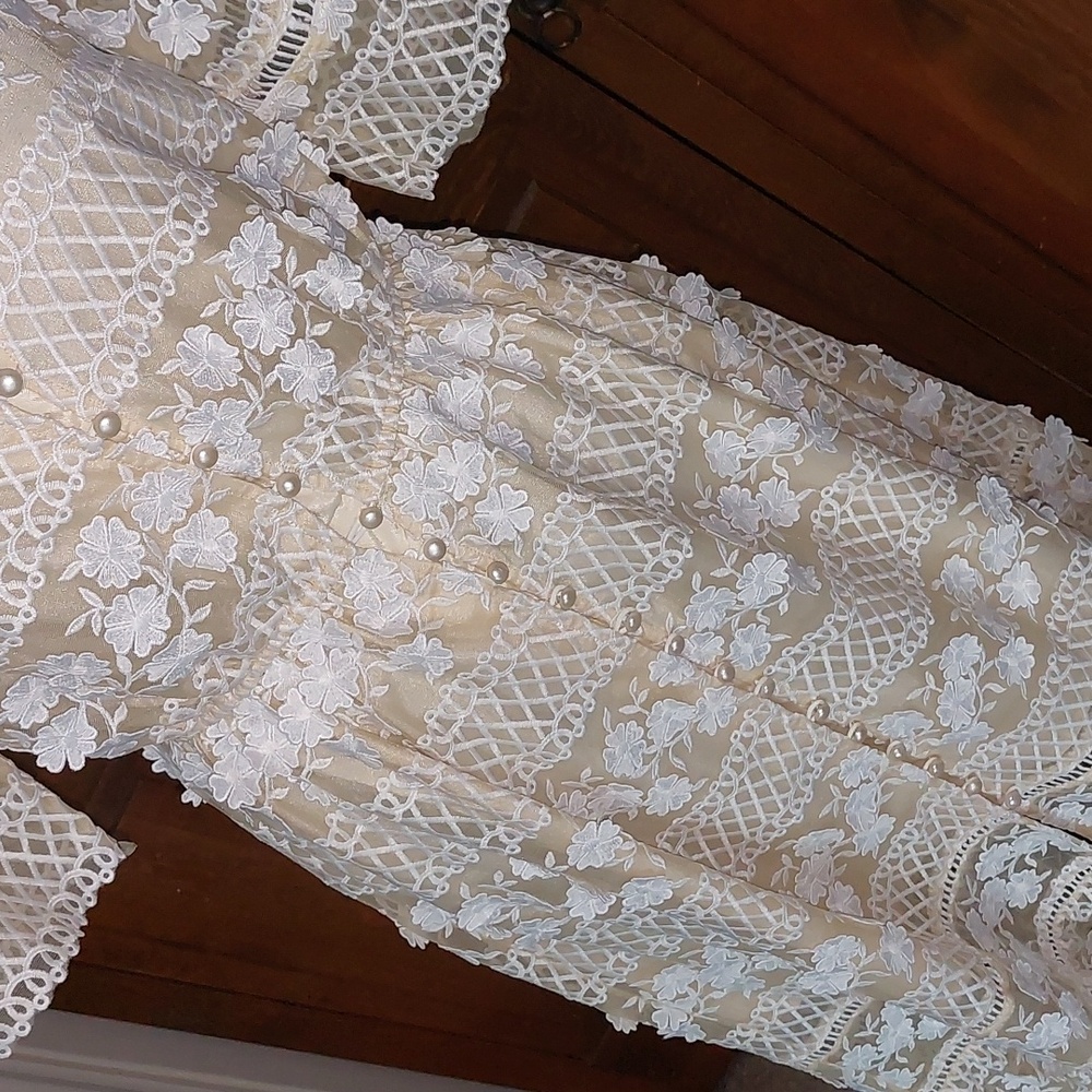 Bohemian Beige Lace 3D Floral Maxi Dress Sz S - Picture 9 of 16